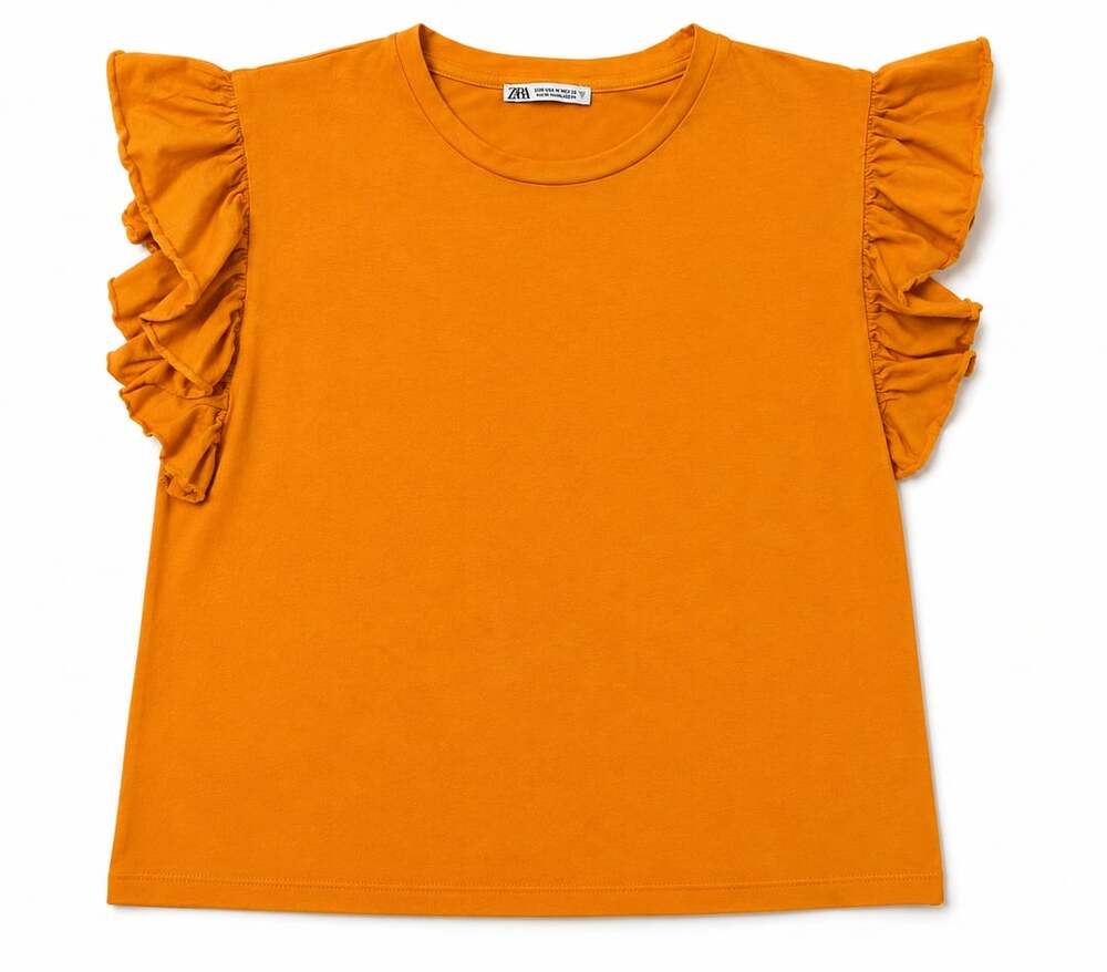 Zara Women's Orange Ruffle Sleeve Crew Neck T-Shirt